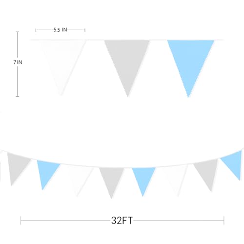 10M/32Ft Blue Grey White Pennant Banner Fabric Triangle Flag Bunting Garland for Boys Kids Baby Shower Gender Reveal Elephant Birthday Anniversary Party Home Outdoor Garden Hanging Decoration (36Pcs)