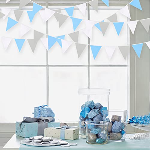 10M/32Ft Blue Grey White Pennant Banner Fabric Triangle Flag Bunting Garland for Boys Kids Baby Shower Gender Reveal Elephant Birthday Anniversary Party Home Outdoor Garden Hanging Decoration (36Pcs)