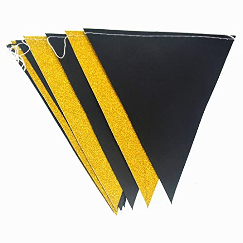 MerryNine Triangle Flag Bunting Banner, 3 Pack 30 Feet Vintage Style Pennant Banner for Wedding, Baby Shower, Event & Party Supplies 45pcs Flags (Triangle Flag - Black Gold Glitter)