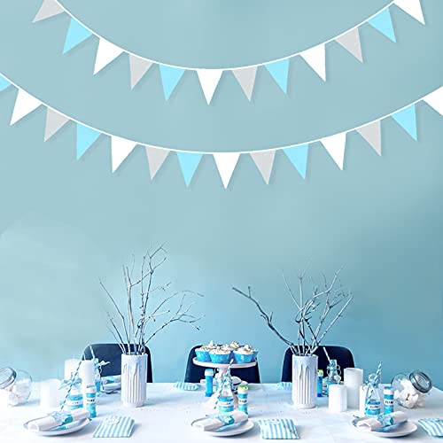 10M/32Ft Blue Grey White Pennant Banner Fabric Triangle Flag Bunting Garland for Boys Kids Baby Shower Gender Reveal Elephant Birthday Anniversary Party Home Outdoor Garden Hanging Decoration (36Pcs)