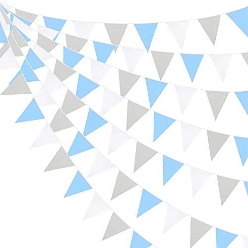 10M/32Ft Blue Grey White Pennant Banner Fabric Triangle Flag Bunting Garland for Boys Kids Baby Shower Gender Reveal Elephant Birthday Anniversary Party Home Outdoor Garden Hanging Decoration (36Pcs)