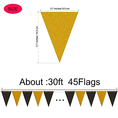 MerryNine Triangle Flag Bunting Banner, 3 Pack 30 Feet Vintage Style Pennant Banner for Wedding, Baby Shower, Event & Party Supplies 45pcs Flags (Triangle Flag - Black Gold Glitter)