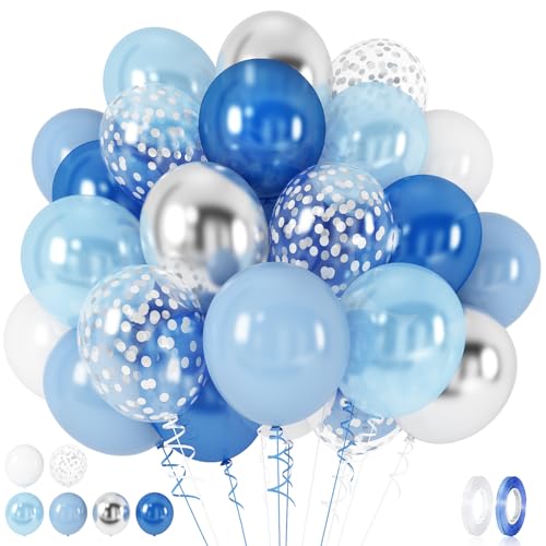 60 Pcs Blue Silver White Balloons, Pearl Royal Light Blue Matte White Chrome Silver Confetti Metallic Latex Balloons for Boys Christening Baby Bridal Shower Blue Wedding Birthday Party Decorations