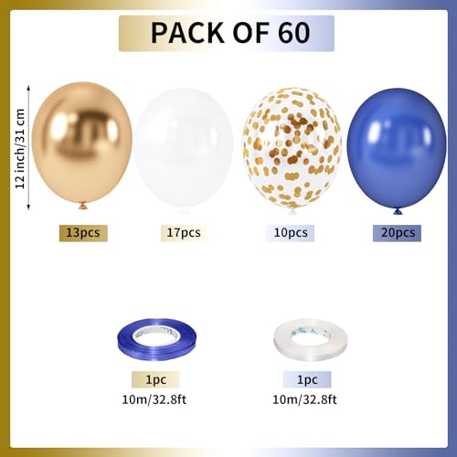 Navy Blue and Gold Balloons, 60 Pieces Navy Blue Pearl White Chrome Gold Metallic Latex Balloons and Confetti Party Balloons for Boys Men Wedding Birthday Baby Shower Graduation Party Decorations