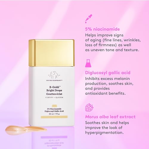 Drunk Elephant B-Goldi Bright Drops - 1 fl oz Illuminates Skin & Fades Hyperpigmentation with 5% Niacinamide Diglucosyl Gallic Acid Free of Essential Oils, Silicones Fragrances Cruelty