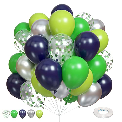 Balloons Green and Blue, 60 Pcs Navy Blue Matte Light Green Silver Latex Party Balloons with Green Silver Confetti Balloons for Birthday Party Decoration Football Video Game Jungle Safari Themed Party