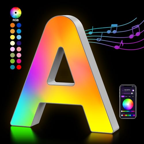 OJQ Light Up Letters LED Letter - Bedroom Lighted Letters Colorful Glitter Alphabet Music Sync Color Changing Letters for Boy Girl Gift Birthday Christmas Wedding Bar Wall Night Light (A)