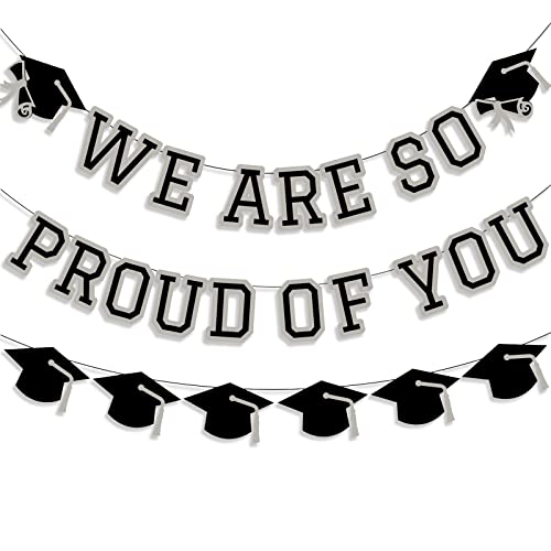 We Are So Proud Of You Banner Graduation Party Decorations Congrats Grad Cap Garlands Wall Sign Silver Grey