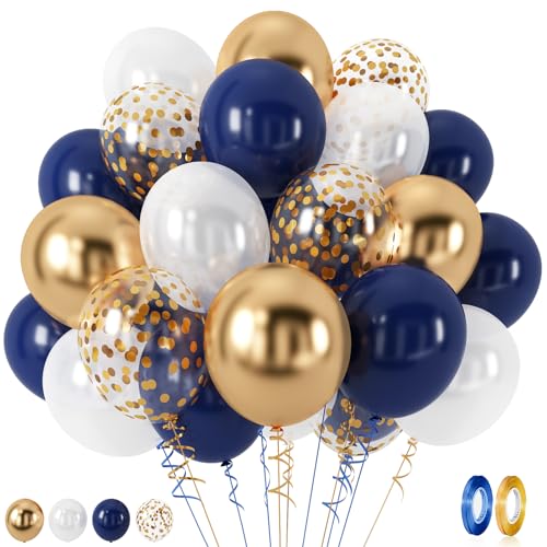 Navy Blue and Gold Balloons, 60 Pieces Navy Blue Pearl White Chrome Gold Metallic Latex Balloons and Confetti Party Balloons for Boys Men Wedding Birthday Baby Shower Graduation Party Decorations