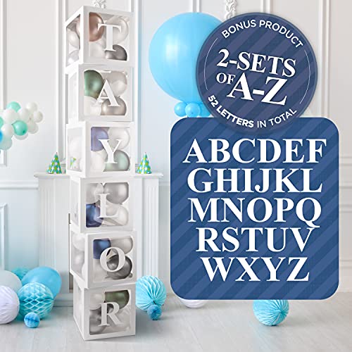 Baby Balloon Box with Letters (6 White Boxes) - 2-Sets of A-Z, 52 Letters for Custom Name - Baby Boxes with Letters for Baby Shower Decorations for Boy, Birthday Party, Gender Reveal Box for Balloons