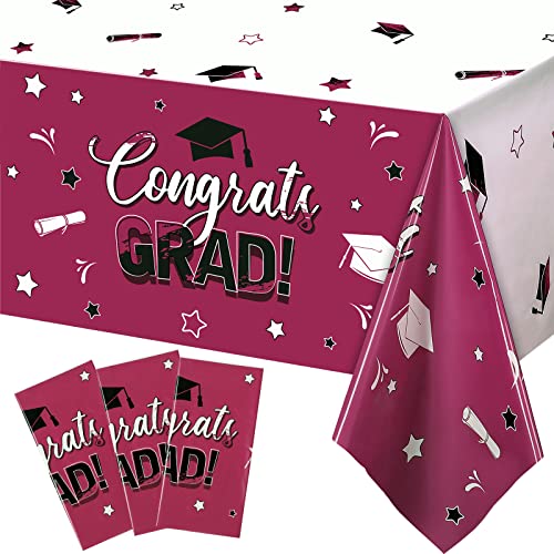 3 Pack Graduation Party Tablecloth Congrats Class of 2022 Graduation Table Covers Grad Cap Table Cloth Rectangle Plastic Tablecloth for Grad Party Decorations and Supplies, 54 x 108 Inch (Maroon)