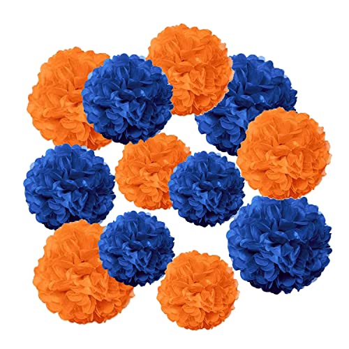 Blue and Orange Paper Pom Poms,Blue Orange Tissue Pom Poms Hanging Decorations,Blue Orange Party Decorations(12 PCS)