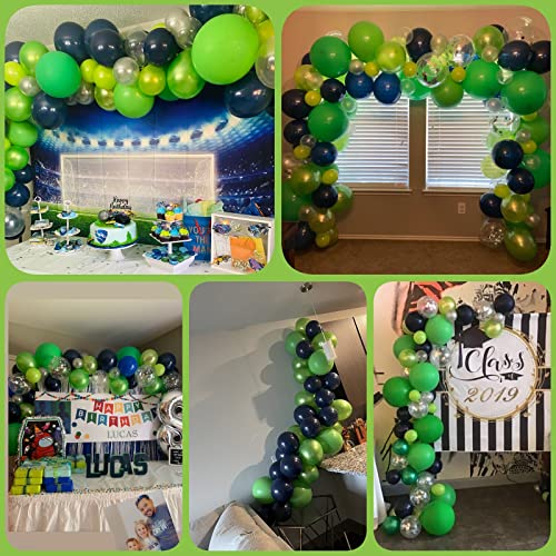 Balloons Green and Blue, 60 Pcs Navy Blue Matte Light Green Silver Latex Party Balloons with Green Silver Confetti Balloons for Birthday Party Decoration Football Video Game Jungle Safari Themed Party