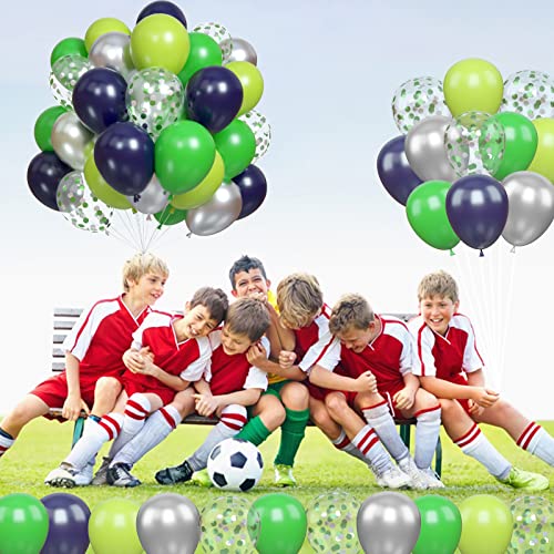 Balloons Green and Blue, 60 Pcs Navy Blue Matte Light Green Silver Latex Party Balloons with Green Silver Confetti Balloons for Birthday Party Decoration Football Video Game Jungle Safari Themed Party