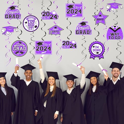 31 Pieces Graduation Decorations Class of 2024, Graduation Hanging Swirl Congrats Grad and Graduation Party Decorations(Purple, Black)