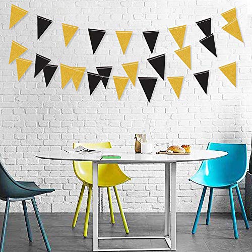 MerryNine Triangle Flag Bunting Banner, 3 Pack 30 Feet Vintage Style Pennant Banner for Wedding, Baby Shower, Event & Party Supplies 45pcs Flags (Triangle Flag - Black Gold Glitter)