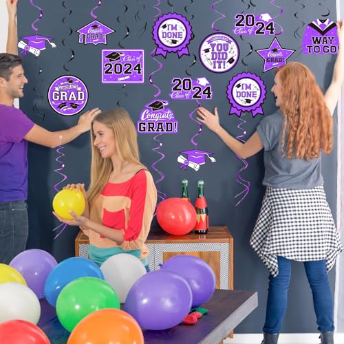 31 Pieces Graduation Decorations Class of 2024, Graduation Hanging Swirl Congrats Grad and Graduation Party Decorations(Purple, Black)