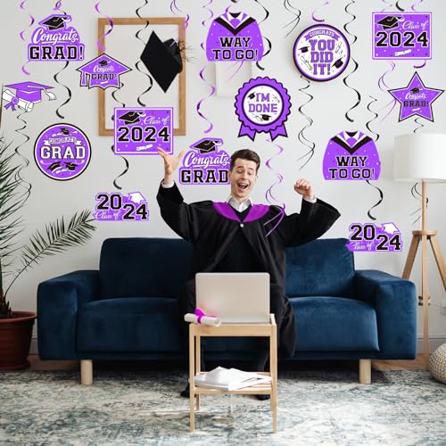 31 Pieces Graduation Decorations Class of 2024, Graduation Hanging Swirl Congrats Grad and Graduation Party Decorations(Purple, Black)