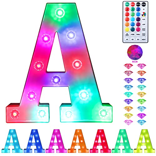 Colorful Light up Letters Led Marquee Letter Lights with Remote 18 Colors Letters with Lights for Wedding Birthday Party Lamp Christmas Home Bar Decoration - Diamond Design Battery Powered - A