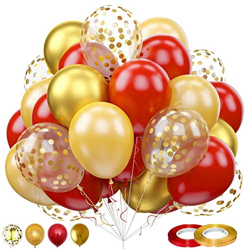 60 Pieces Balloons Red and Gold, 12 Inch Ruby Red Metallic Chrome Gold Pearl Gold Confetti Latex Balloons, Retro Red Gold Party Balloons for Wedding Graduation Birthday Bridal Baby Shower Decoration