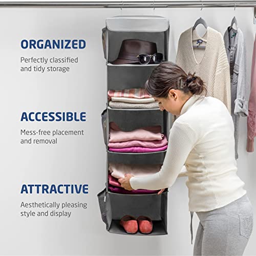 ZOBER Hanging Closet Organizer and Storage Shelves - 5-Shelf Wardrobe Clothes Organizer for Dorm Room, Baby Nursery, Small Closet Storage - 12" x 11.5" x 42", Grey