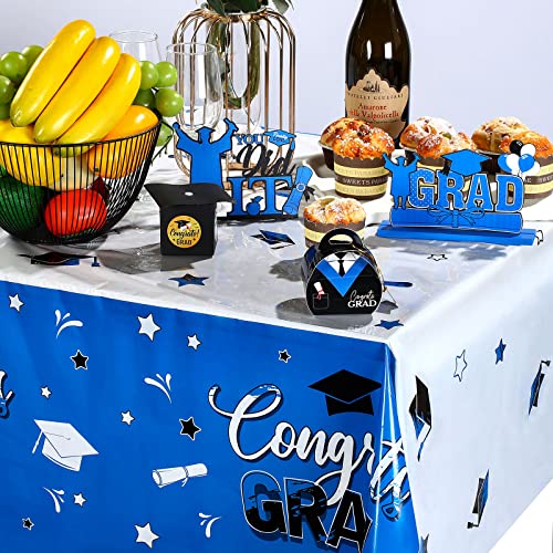 3 Pack Graduation Party Tablecloth Congrats Class of 2022 Graduation Table Covers Grad Cap Table Cloth Rectangle Plastic Tablecloth for Grad Party Decorations and Supplies, 54 x 108 Inch (Blue)