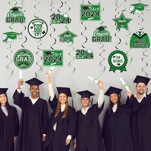 31 Pieces Graduation Decorations Class of 2024, Graduation Hanging Swirl Congrats Grad and Graduation Party Decorations(Green, Black)