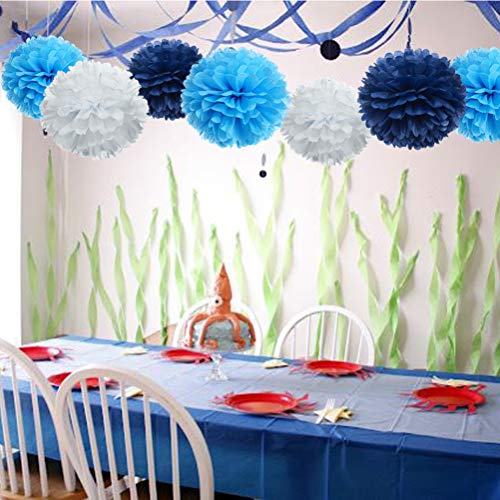 Paper Flower Tissue Pom Poms Party Supplies (Navy Blue,Turqoise Blue,White,12pc)