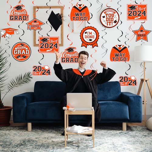 31 Pieces Graduation Decorations Class of 2024, Graduation Hanging Swirl Congrats Grad and Graduation Party Decorations(Orange, Black)