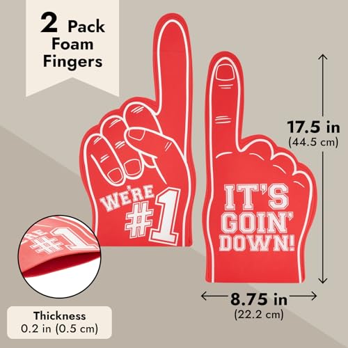 Okuna Outpost 2 Pack Red Foam Fingers #1, It's Goin' Down for Sports Fan Accessories, Cheering, Party Favors, 17.5 Inch Giant Foam Hand