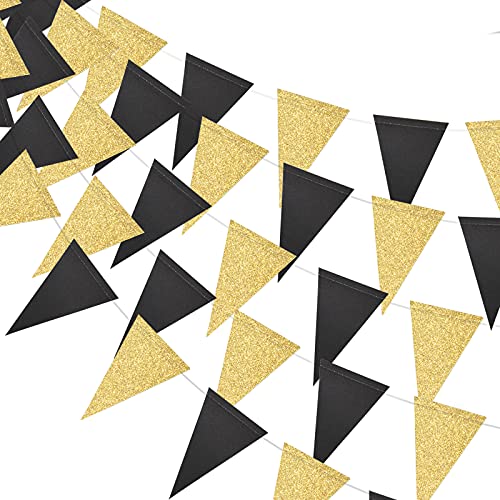 MerryNine Triangle Flag Bunting Banner, 3 Pack 30 Feet Vintage Style Pennant Banner for Wedding, Baby Shower, Event & Party Supplies 45pcs Flags (Triangle Flag - Black Gold Glitter)