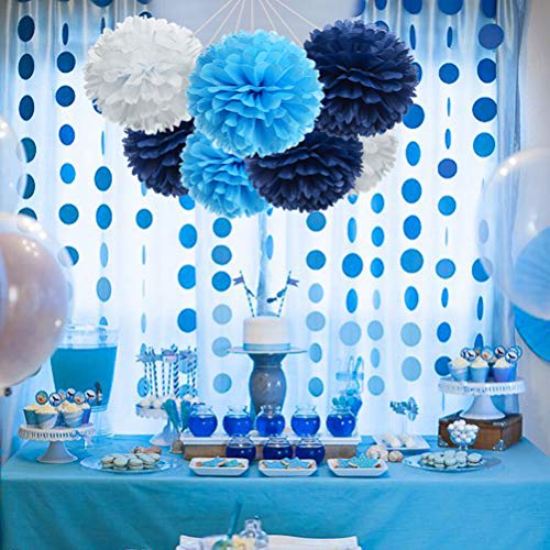 Paper Flower Tissue Pom Poms Party Supplies (Navy Blue,Turqoise Blue,White,12pc)