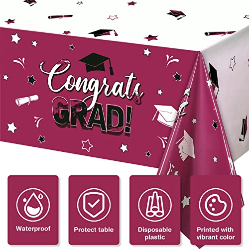 3 Pack Graduation Party Tablecloth Congrats Class of 2022 Graduation Table Covers Grad Cap Table Cloth Rectangle Plastic Tablecloth for Grad Party Decorations and Supplies, 54 x 108 Inch (Maroon)