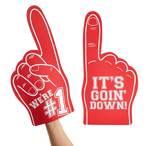 Okuna Outpost 2 Pack Red Foam Fingers #1, It's Goin' Down for Sports Fan Accessories, Cheering, Party Favors, 17.5 Inch Giant Foam Hand