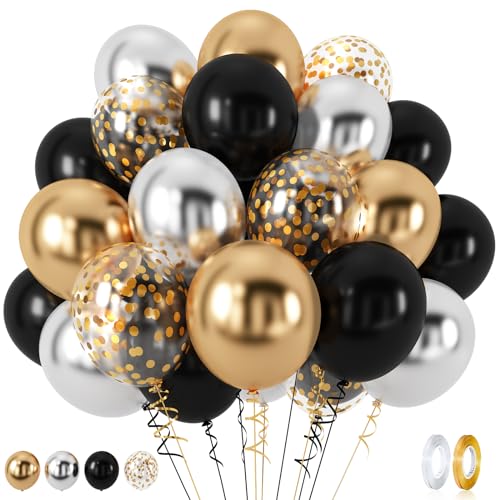 Black Gold and Silver Balloons, 60pcs Matte Black Chrome Gold Silver Metallic Latex Balloons with Confetti Balloons, Black Gold Party Decorations for Birthday Anniversary Wedding Baby Shower Party