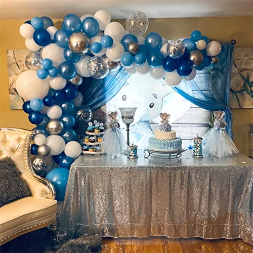 60 Pcs Blue Silver White Balloons, Pearl Royal Light Blue Matte White Chrome Silver Confetti Metallic Latex Balloons for Boys Christening Baby Bridal Shower Blue Wedding Birthday Party Decorations