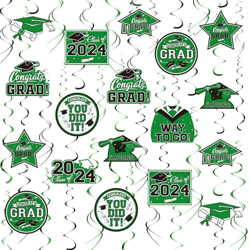 31 Pieces Graduation Decorations Class of 2024, Graduation Hanging Swirl Congrats Grad and Graduation Party Decorations(Green, Black)