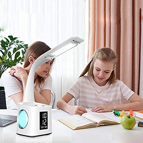 wanjiaone Study Desk Lamp with USB Charging Port&Screen&Calendar&Color Night Light, Kids Dimmable LED Table Lamp with Pen Holder&Clock, Reading Light for Students,10W