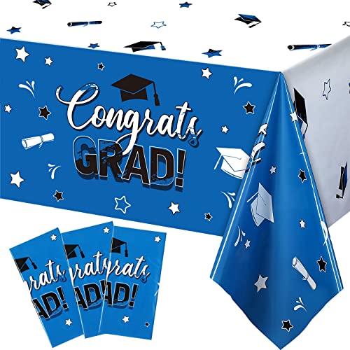 3 Pack Graduation Party Tablecloth Congrats Class of 2022 Graduation Table Covers Grad Cap Table Cloth Rectangle Plastic Tablecloth for Grad Party Decorations and Supplies, 54 x 108 Inch (Blue)