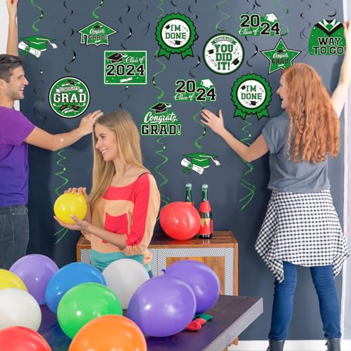 31 Pieces Graduation Decorations Class of 2024, Graduation Hanging Swirl Congrats Grad and Graduation Party Decorations(Green, Black)