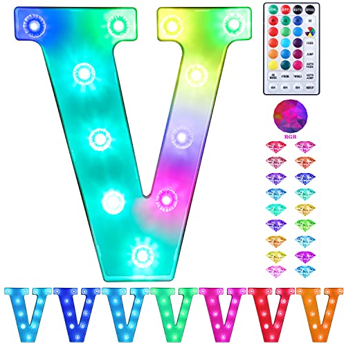 Colorful Light up Letters Led Marquee Letter Lights with Remote 18 Colors Letters with Lights for Wedding Birthday Party Lamp Christmas Home Bar Decoration - Diamond Design Battery Powered - V