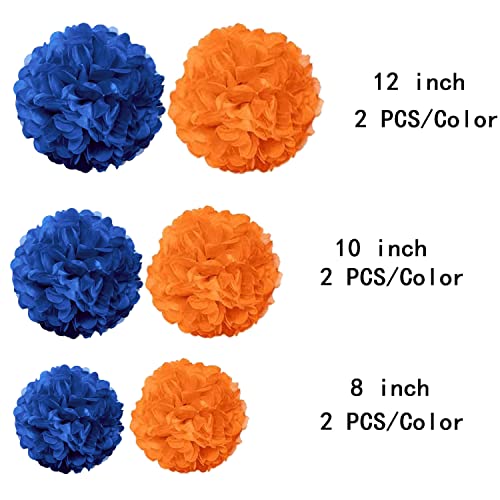 Blue and Orange Paper Pom Poms,Blue Orange Tissue Pom Poms Hanging Decorations,Blue Orange Party Decorations(12 PCS)