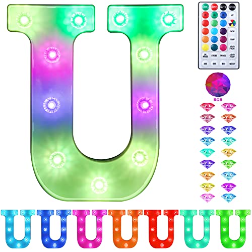 Colorful Light up Letters Led Marquee Letter Lights with Remote 18 Colors Letters with Lights for Wedding Birthday Party Lamp Christmas Home Bar Decoration - Diamond Design Battery Powered - U