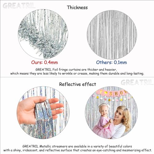 Silver Foil Fringe Tinsel Backdrop - GREATRIL Metallic Tinsel Streamers Curtains for Birthdays/Prom/Dancing Ball/Christmas/New Years/Bachelorette Party Decorations - Pack of 2