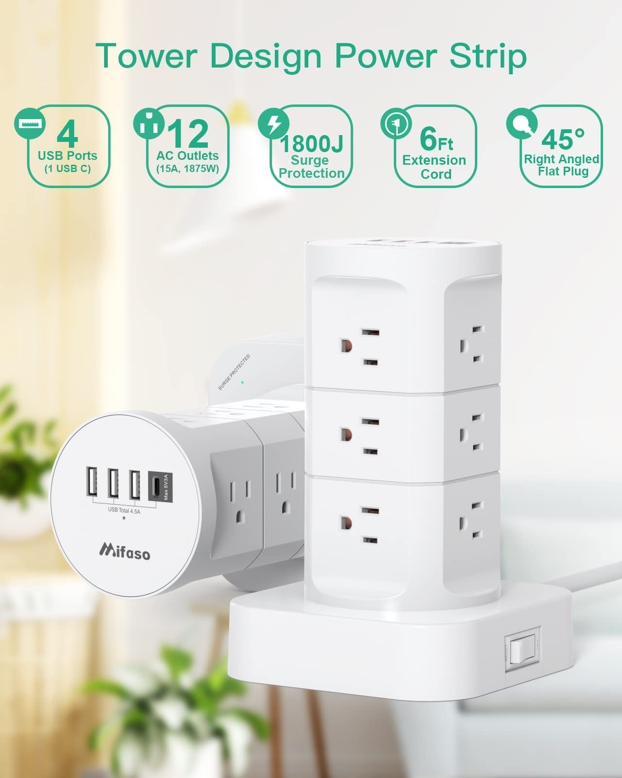 Surge Protector Power Strip Tower - 12 Widely Outlets with 4 USB Ports (1 USB C), 6FT Heavy Duty Extension Cord, Flat Multi Plug Outlet Extender Overload Protection for Home Office