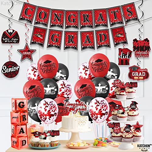 KatchOn, Graduation Party Decorations 2024 Set - Pack of 38 | Congrats Grad Banner | Graduation Party Hanging Swirls 2024 | Graduation Cake Toppers 2024 for Red and Black Graduation Decorations 2024