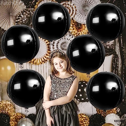 KatchOn, Giant Metallic Black Balloons - 22 Inch, Pack of 6 | Round 4D Black Foil Balloons, Black Birthday Decorations | Halloween Mylar Balloons | Black Metallic Balloons, Black Party Decorations