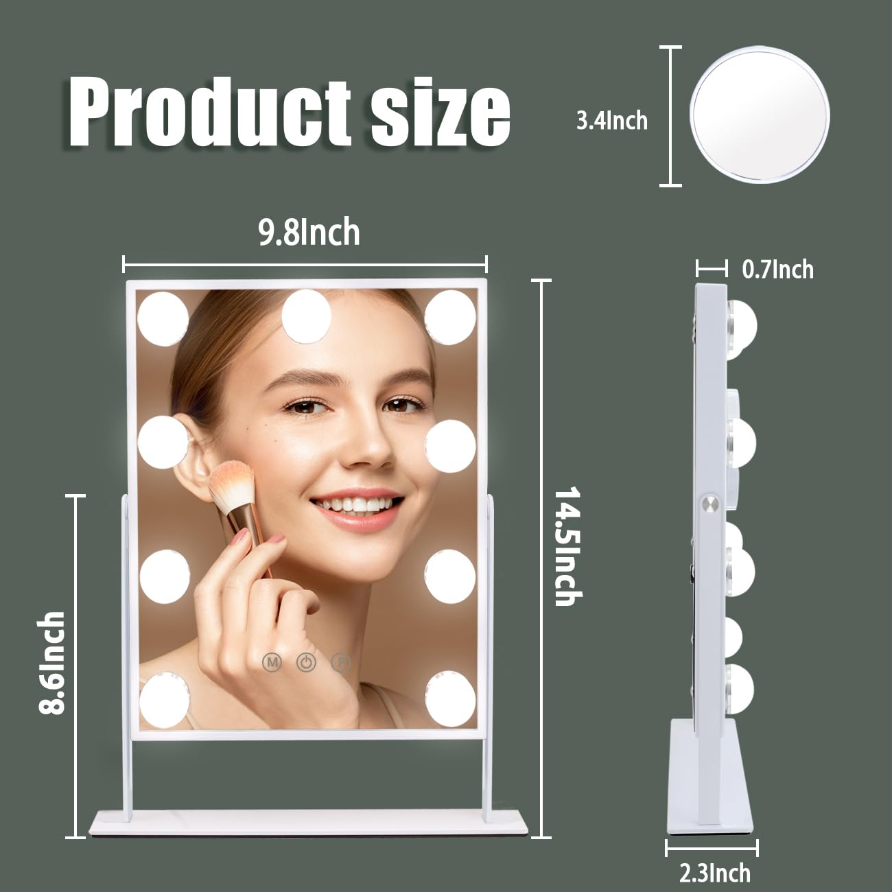 Hansong Vanity Mirror with Lights Lighted Makeup Mirror with 9 LED Bulbs Plug in Light Up Makeup Mirror with Lights 360 Rotation with 10x Magnifying Mirror Tabletop