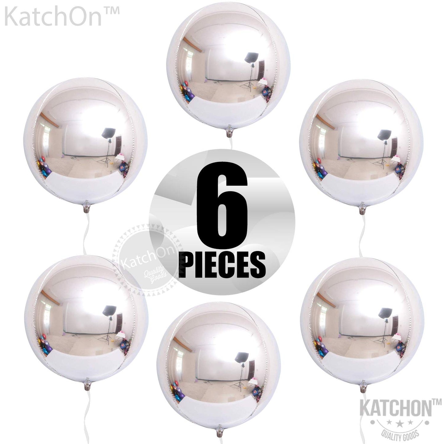 KatchOn, Silver Foil Balloons - 22 Inch, Pack of 6 | Metallic Silver Balloons, 4D Round Silver Chrome Balloons for Silver Birthday Party Decorations | Silver Metallic Balloons, Silver Mylar Balloons