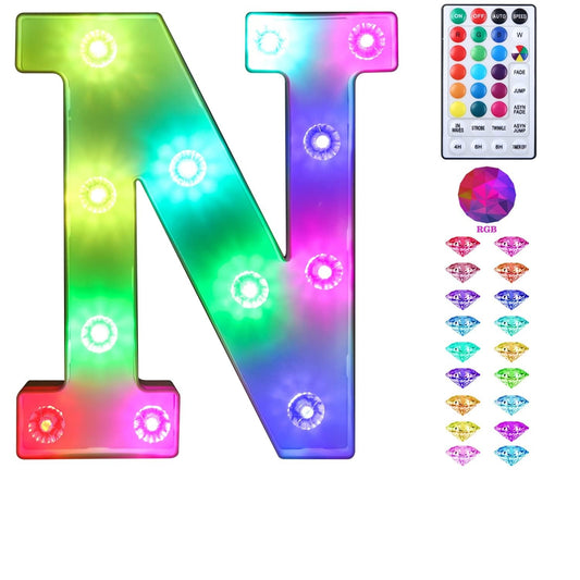 Colorful Light up Letters Led Marquee Letter Lights with Remote 18 Colors Letters with Lights for Wedding Birthday Party Lamp Christmas Home Bar Decoration - Diamond Design Battery Powered - N